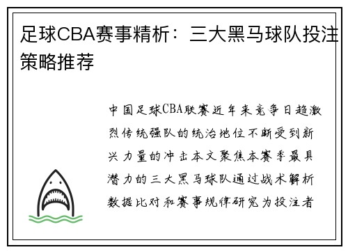 足球CBA赛事精析：三大黑马球队投注策略推荐