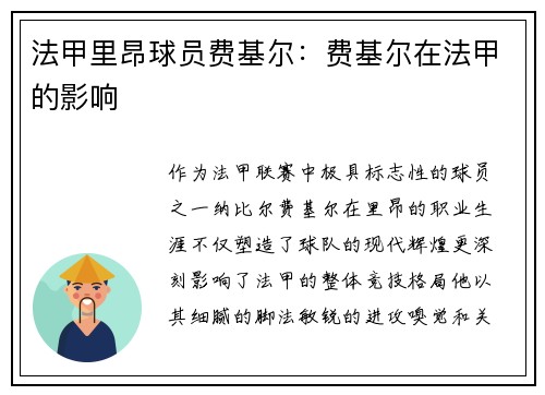 法甲里昂球员费基尔：费基尔在法甲的影响