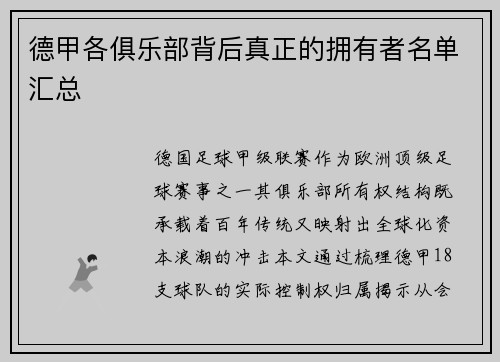 德甲各俱乐部背后真正的拥有者名单汇总